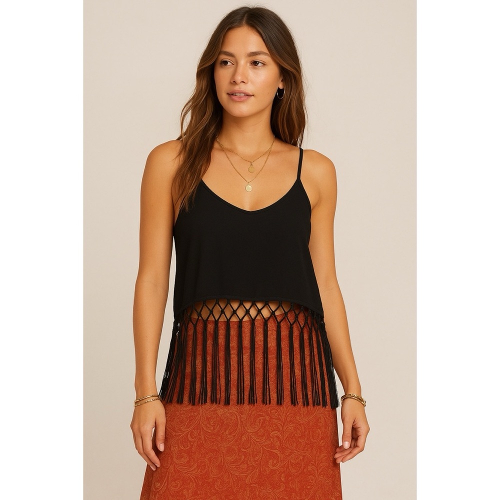 Lush Black Fringe Tank Top Size M | Boho Festival Chic
